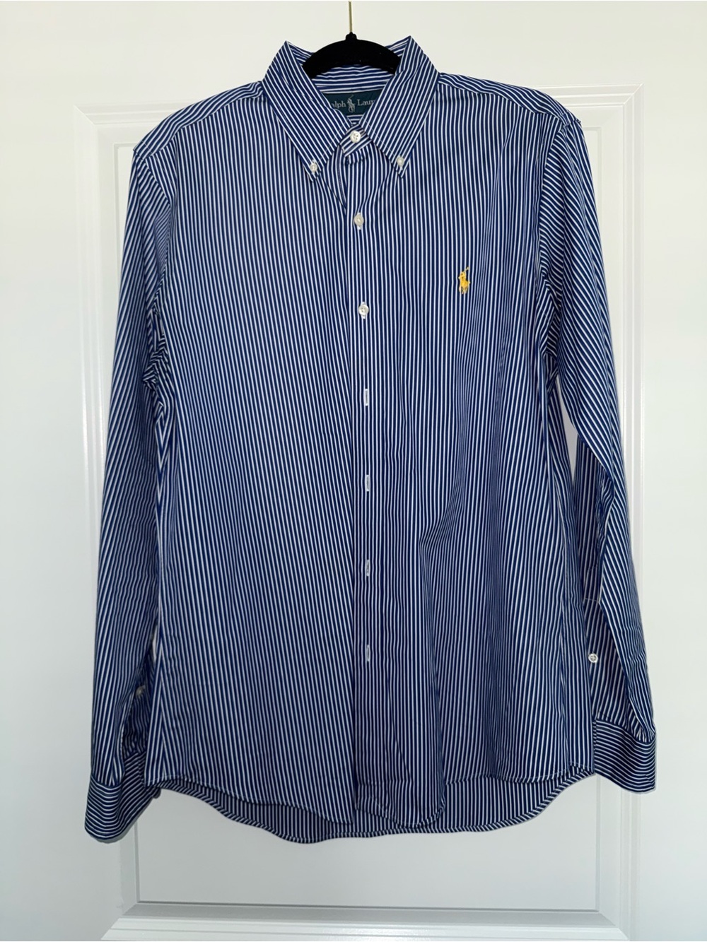 Ralph Lauren Navy and White Striped Button-Down Shirt with Yellow Pony